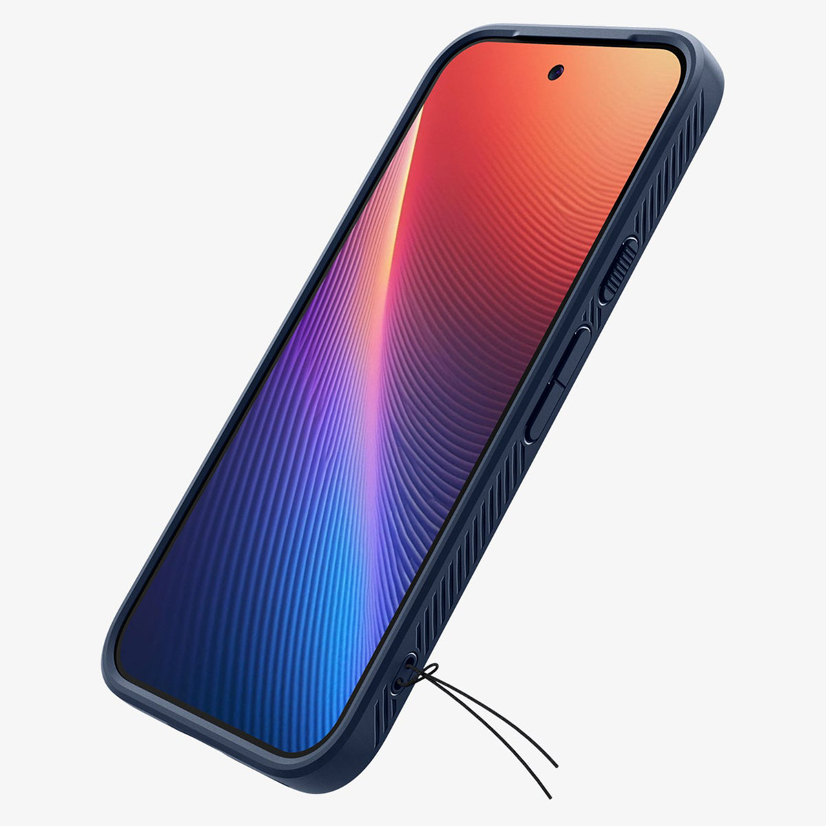Telefoon in een blauwe hoes, met een kleurrijk scherm met rode, paarse en blauwe tinten.