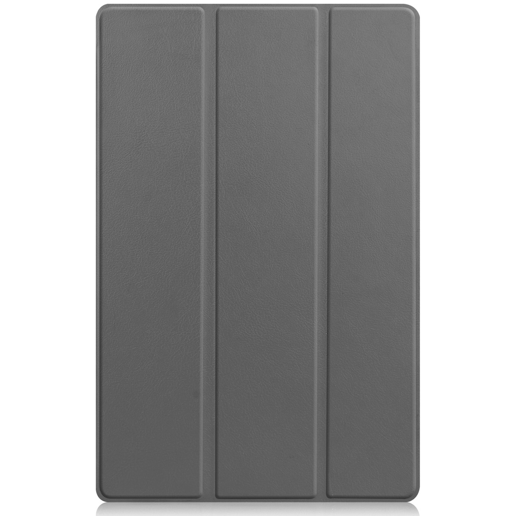 Een gesloten grijze tablethoes met drie verticale secties op een witte achtergrond.