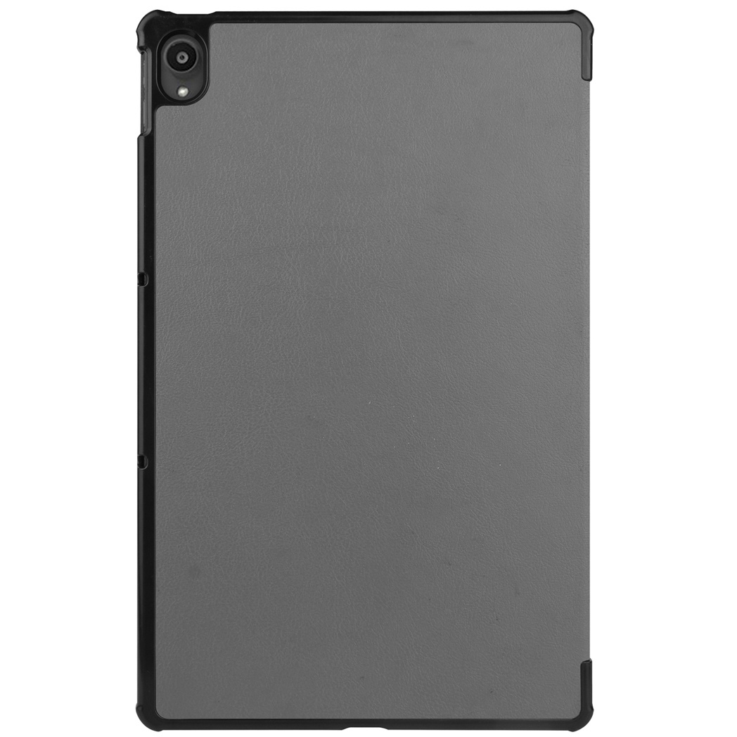 De achterkant van een grijze tablet in een zwarte hoes, met een strak, minimalistisch ontwerp.