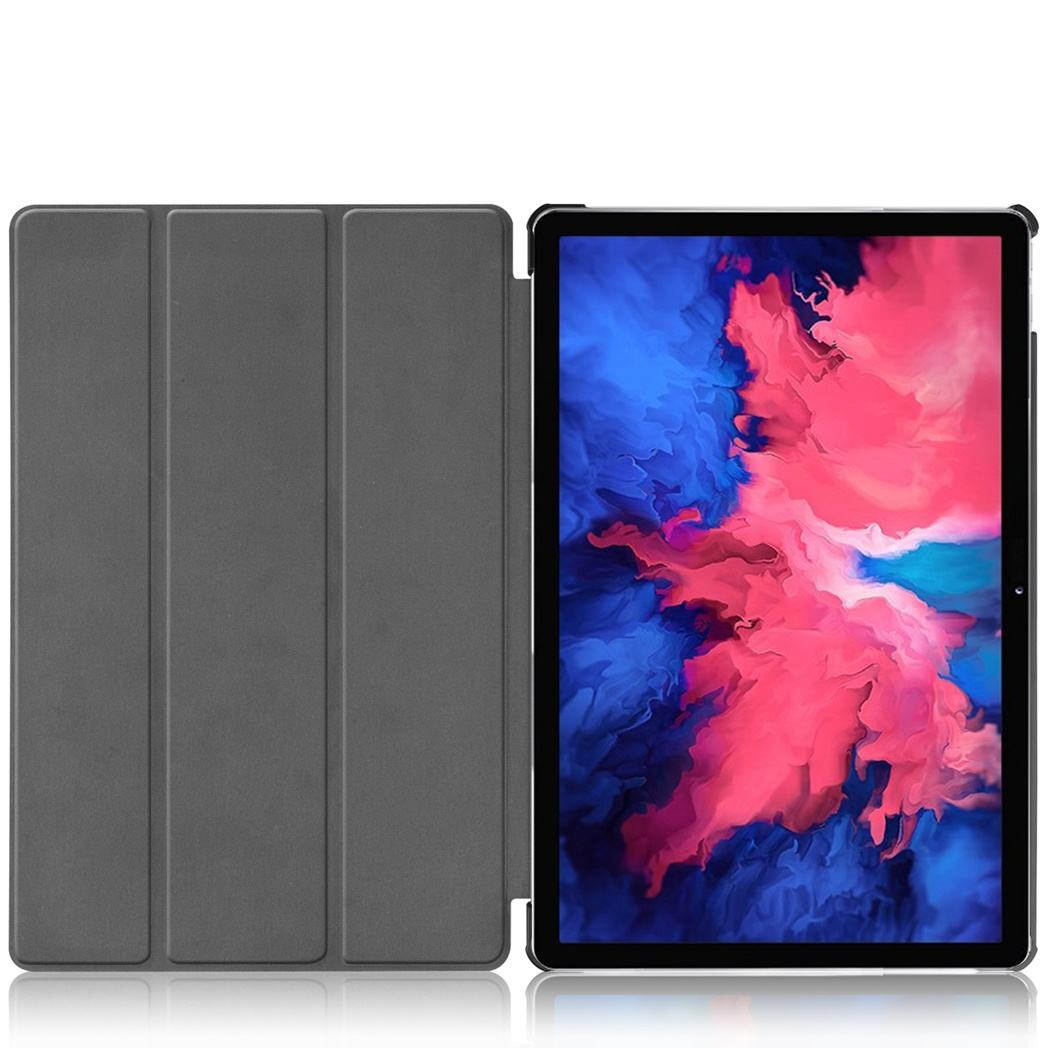 Een grijze tablethoes is open en onthult een levendig scherm met roze en blauwe abstracte kunst.