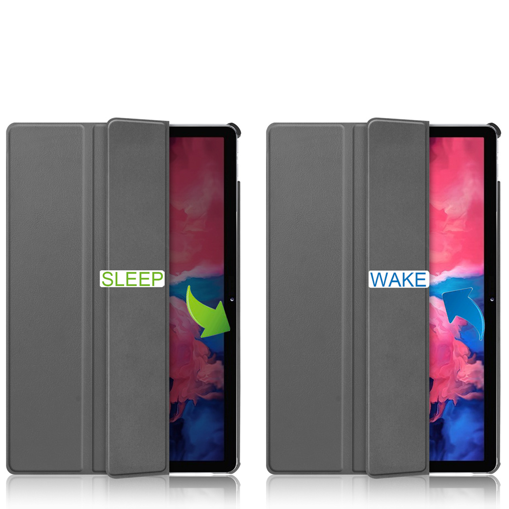 Twee tablets met grijze hoesjes tonen 'slaap'- en 'waak'-prompts met pijlgraphics op kleurrijke schermen.