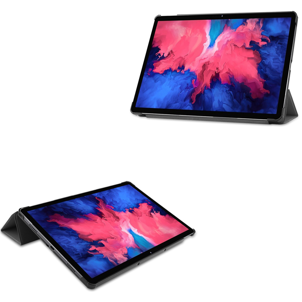 Twee tablets in grijze hoesjes tonen levendige schermen met roze en blauwe abstracte kunst op een wit oppervlak.