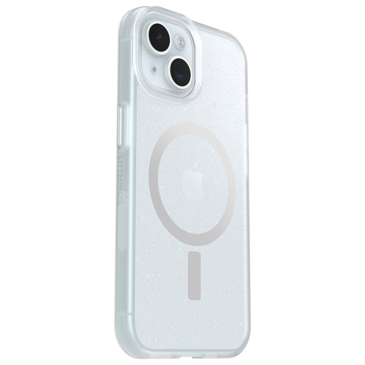 iPhone in durchsichtiger Hülle mit Glitzereffekt und MagSafe-Ring auf der Rückseite.
