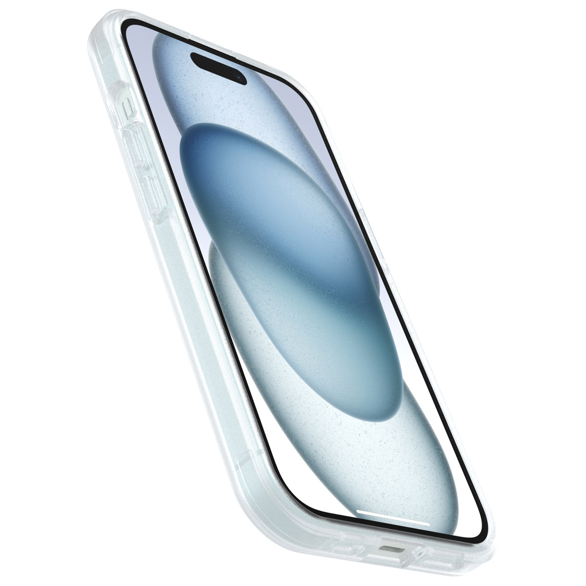iPhone in einer durchsichtigen Schutzhülle, abgewinkelte Ansicht.
