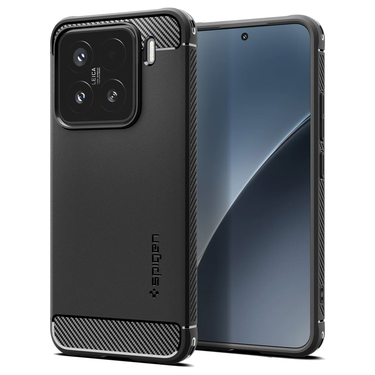 Een zwarte smartphone in een beschermhoes met een koolstofvezeldesign.