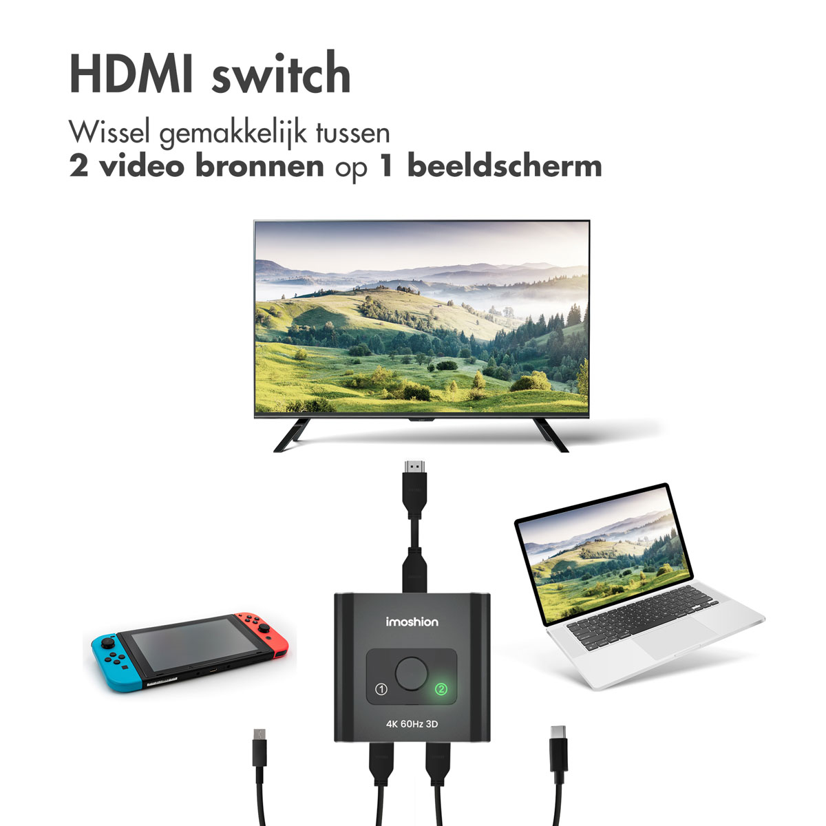 Diagram showing an HDMI switch setup, displaying a TV, laptop, and Nintendo Switch connected.