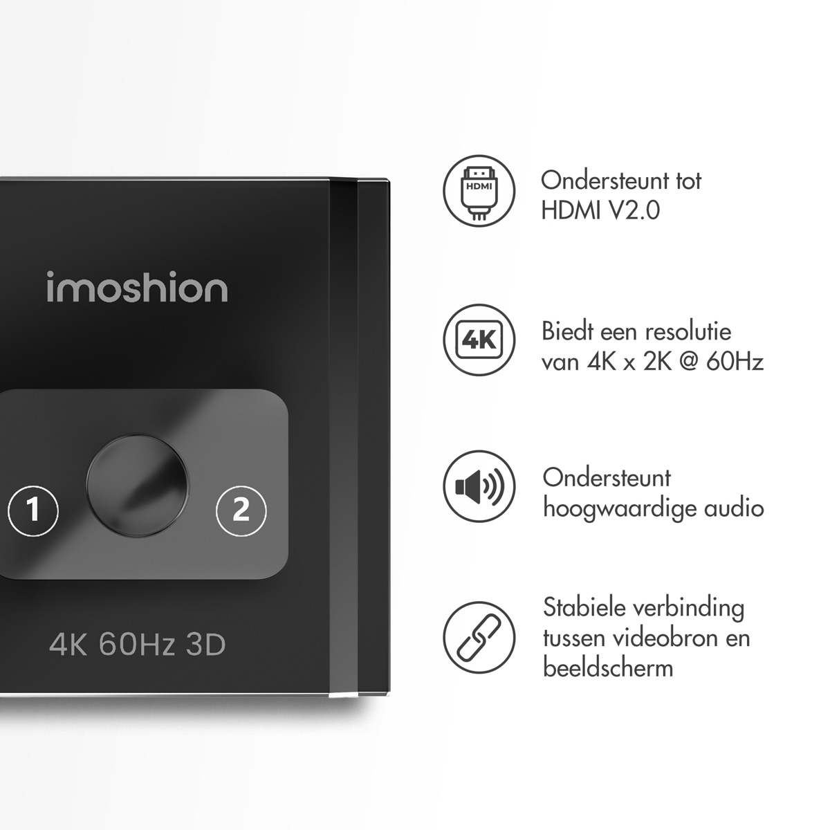 Close-up of a black Imoshion HDMI switch highlighting its features and specifications.