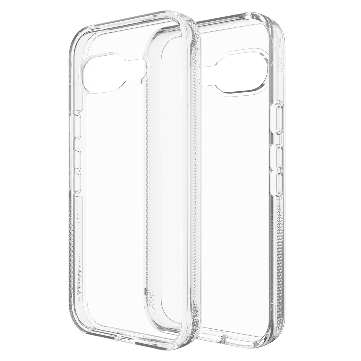 Deux étuis de téléphone transparents, côte à côte, montrant la transparence et le design.