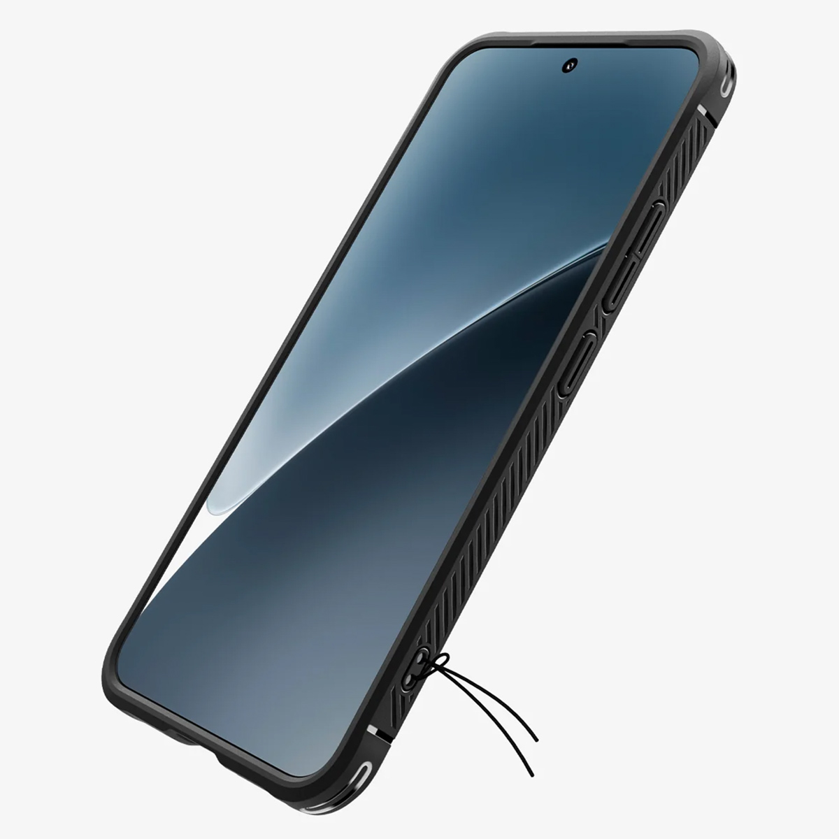 Smartphone in een zwarte beschermhoes met een gestructureerde rand, schuine weergave.
