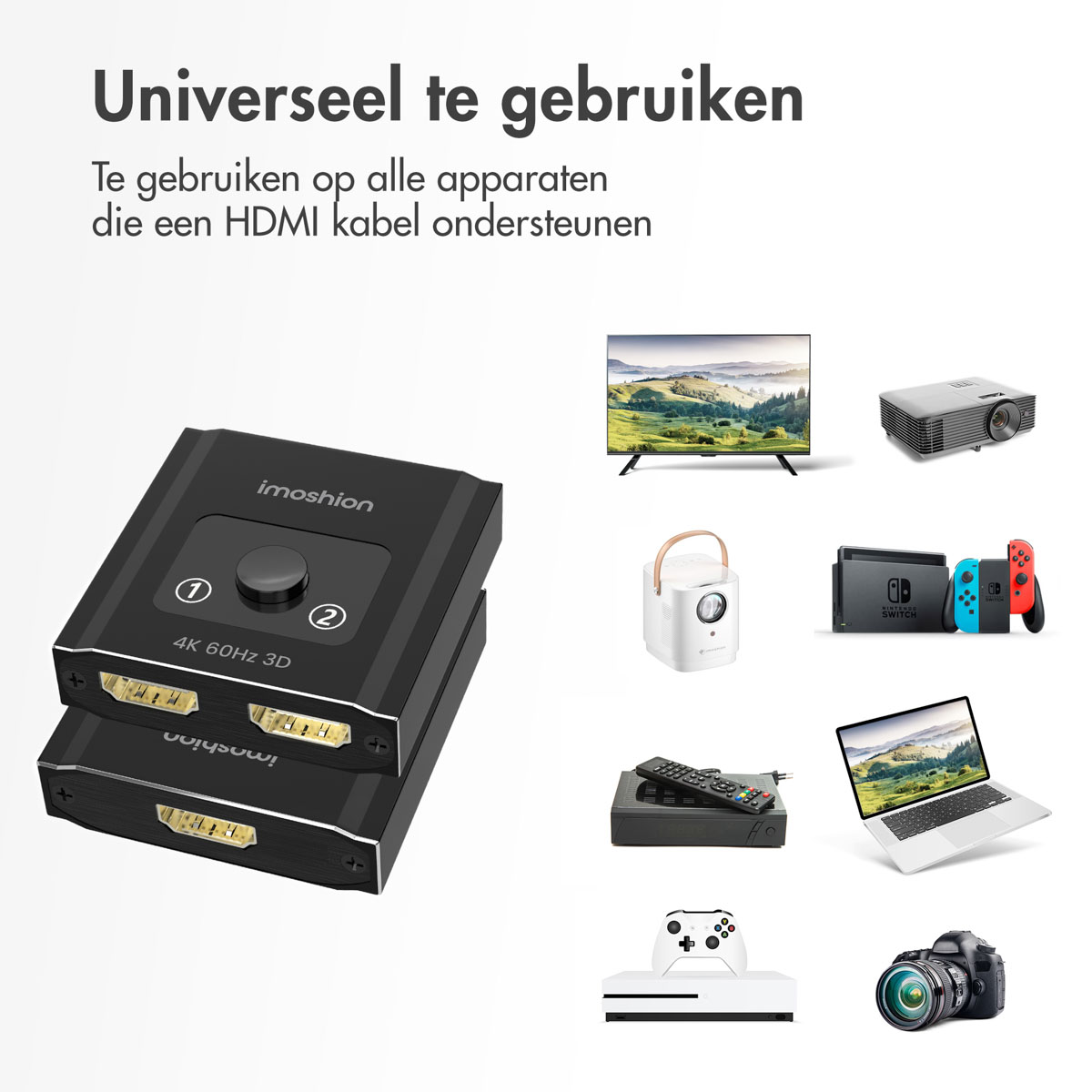 The image shows two HDMI switchers connected to multiple devices, on a white background.