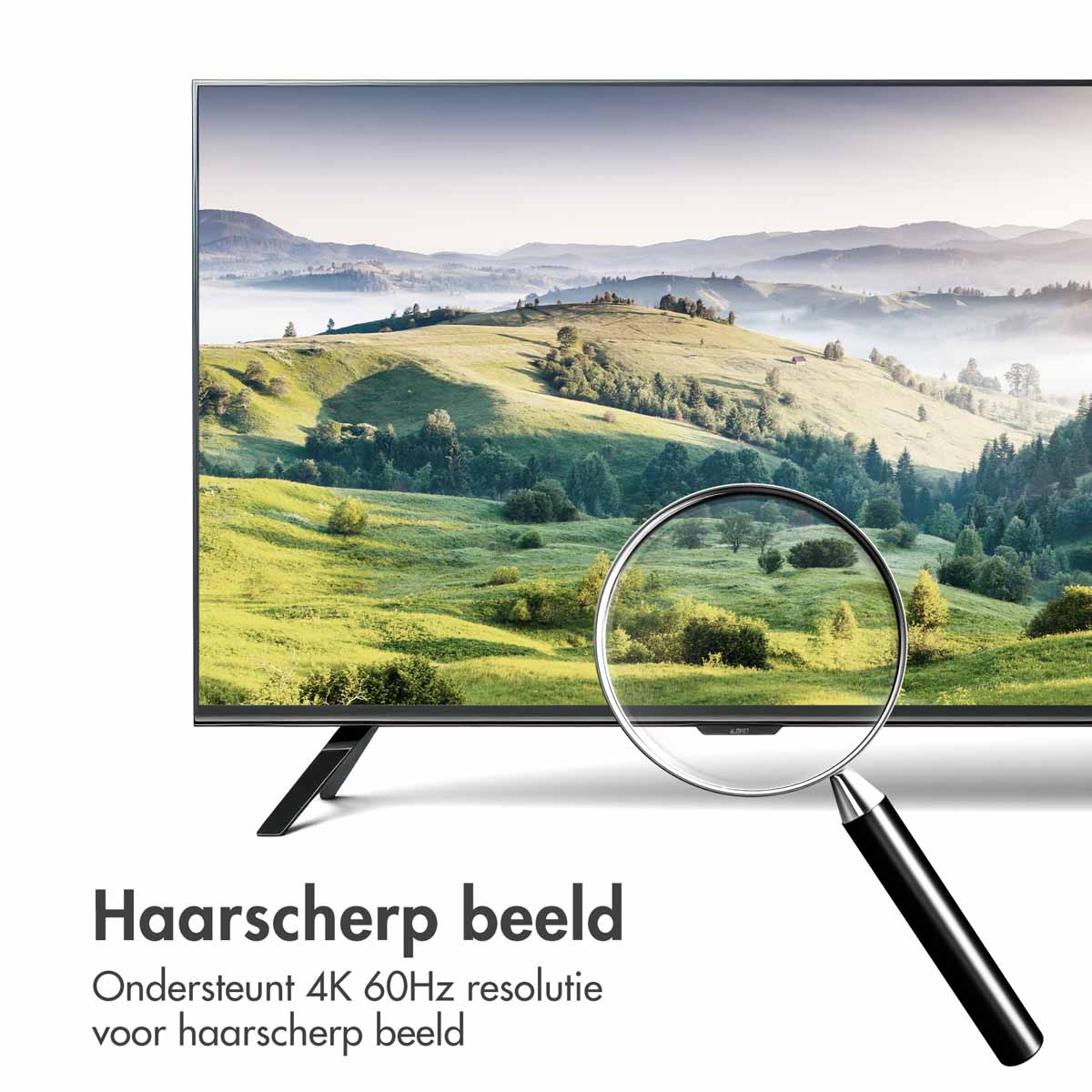 A TV screen displays a landscape scene, enhanced with a magnifying glass for detail, on a white background.