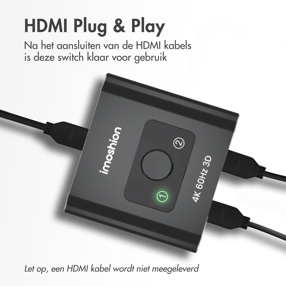 The image shows a black HDMI switcher with cables plugged in, set against a white background.