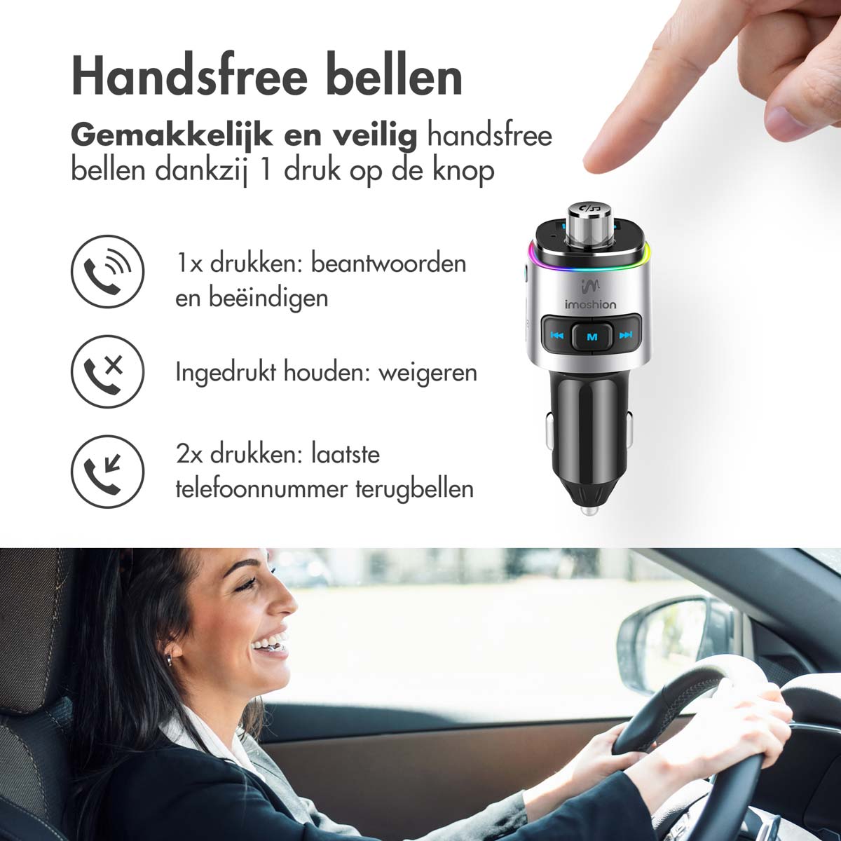 A woman drives while a Bluetooth car adapter is highlighted, showcasing hands-free calling.