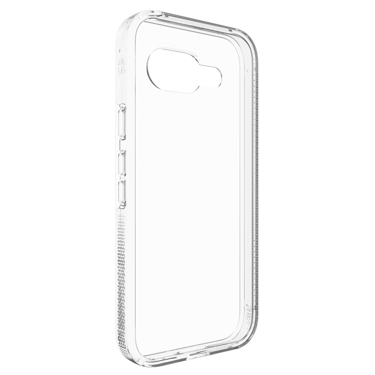 Une coque de téléphone transparente est affichée sur un fond blanc, mettant en valeur son design transparent.