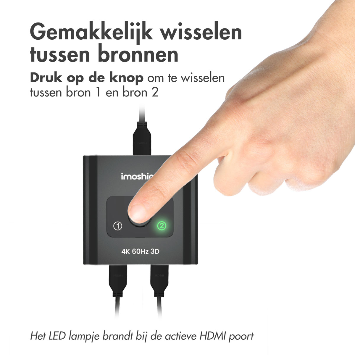 A hand presses a button on an HDMI switcher, with cables connected, set against a white background.