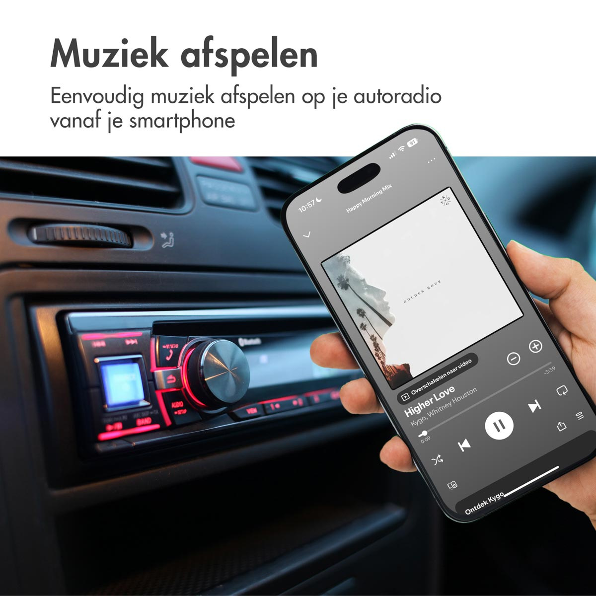 A smartphone plays music next to a car radio, highlighting audio connectivity in a car interior.