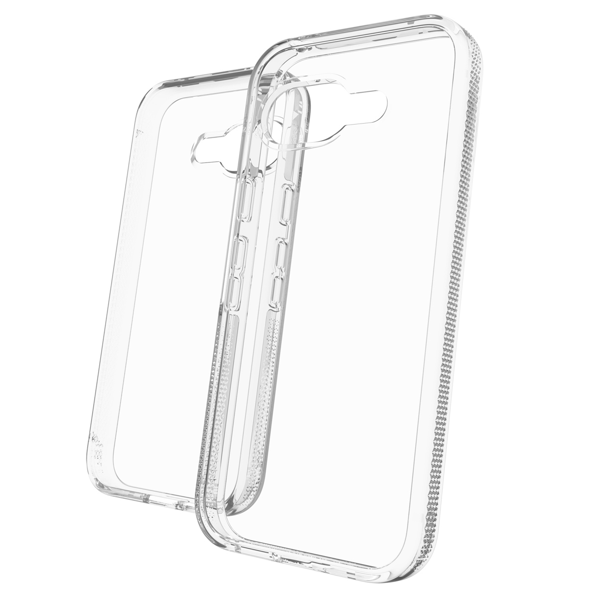 Deux coques de téléphone transparentes sont affichées sur un fond blanc, mettant en valeur leur design transparent.