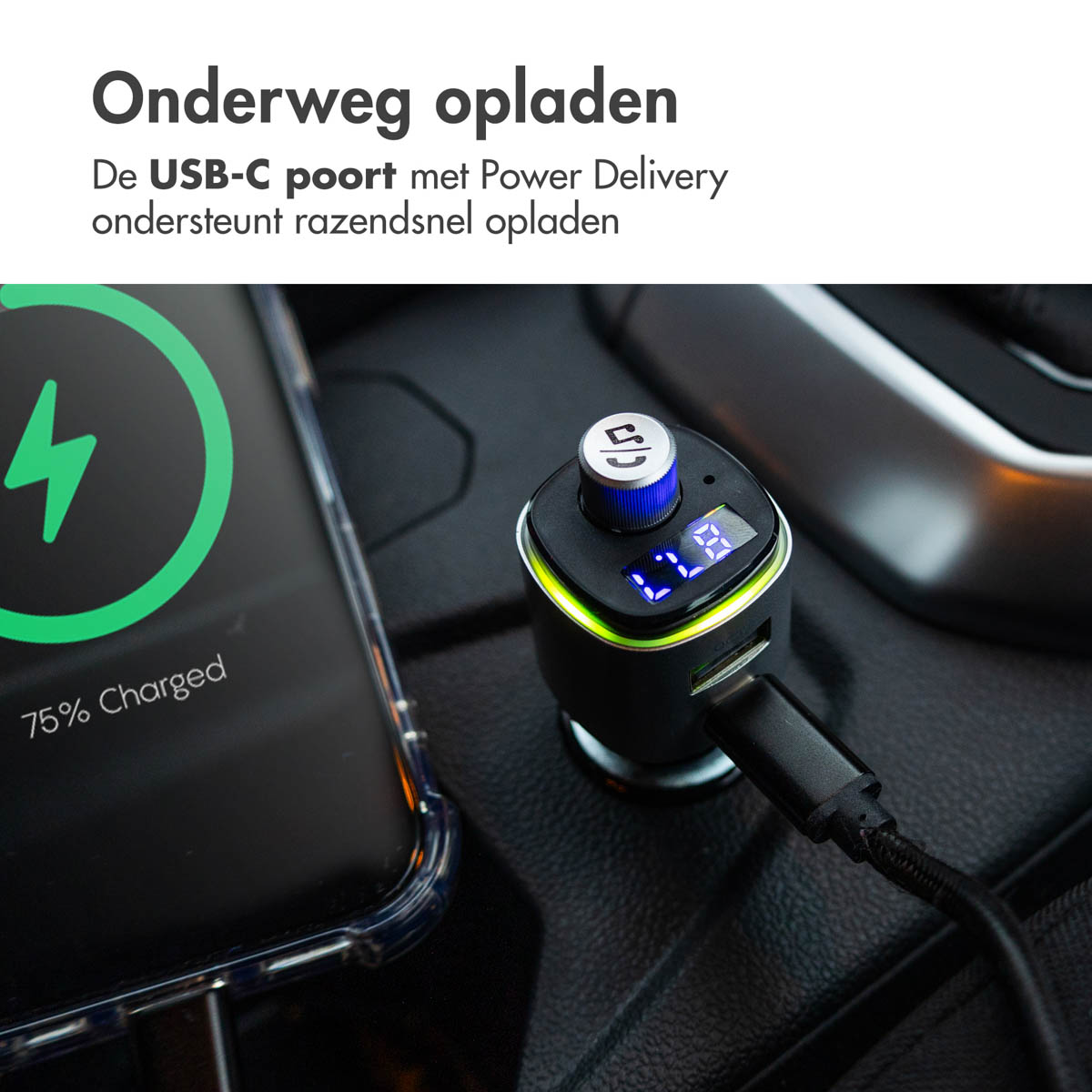 A charging phone and car adapter are shown, highlighting fast charging in a car setting.