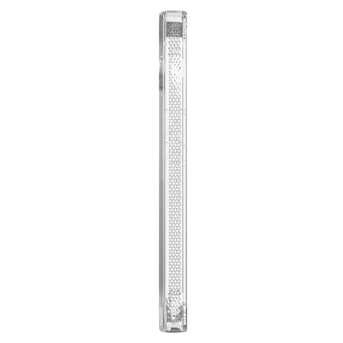 Une coque de téléphone transparente est présentée de côté sur un fond blanc, soulignant son profil fin.