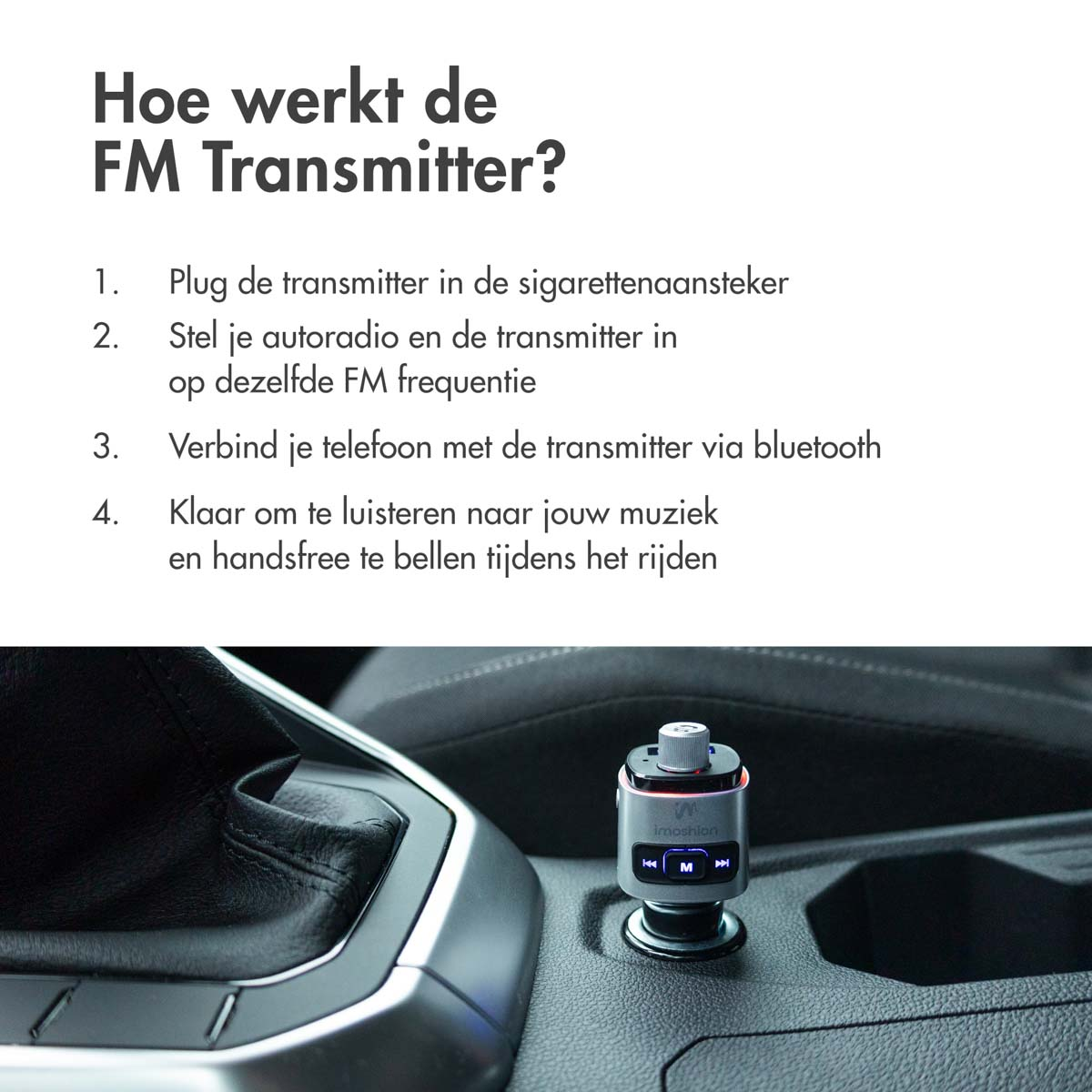 A car adapter is plugged in, with instructions nearby, showcasing Bluetooth FM transmitter setup.