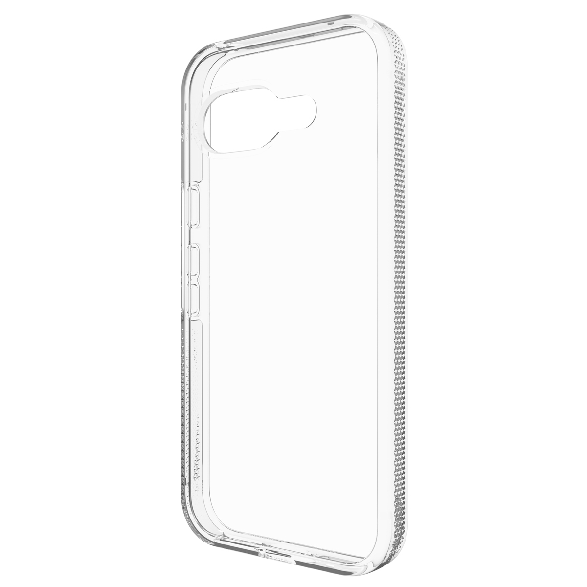 Étui de téléphone transparent avec côtés texturés, boutons visibles à gauche, découpe pour caméra en haut à gauche.