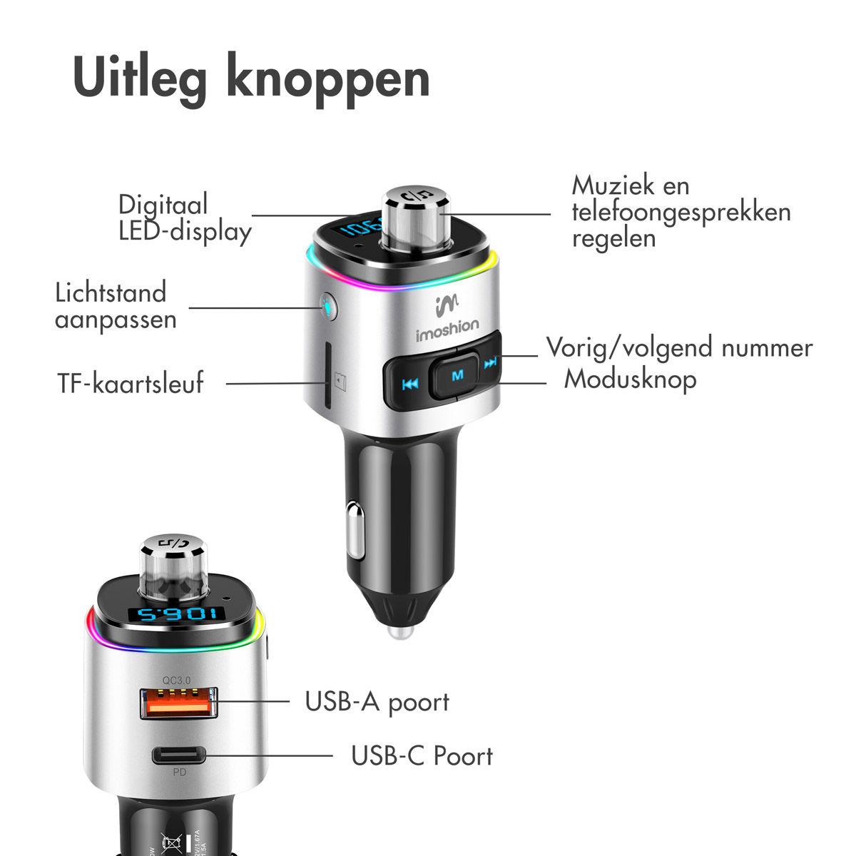 Diagram in Dutch showing a car adapter with USB ports and LED display, labeled with explanations.
