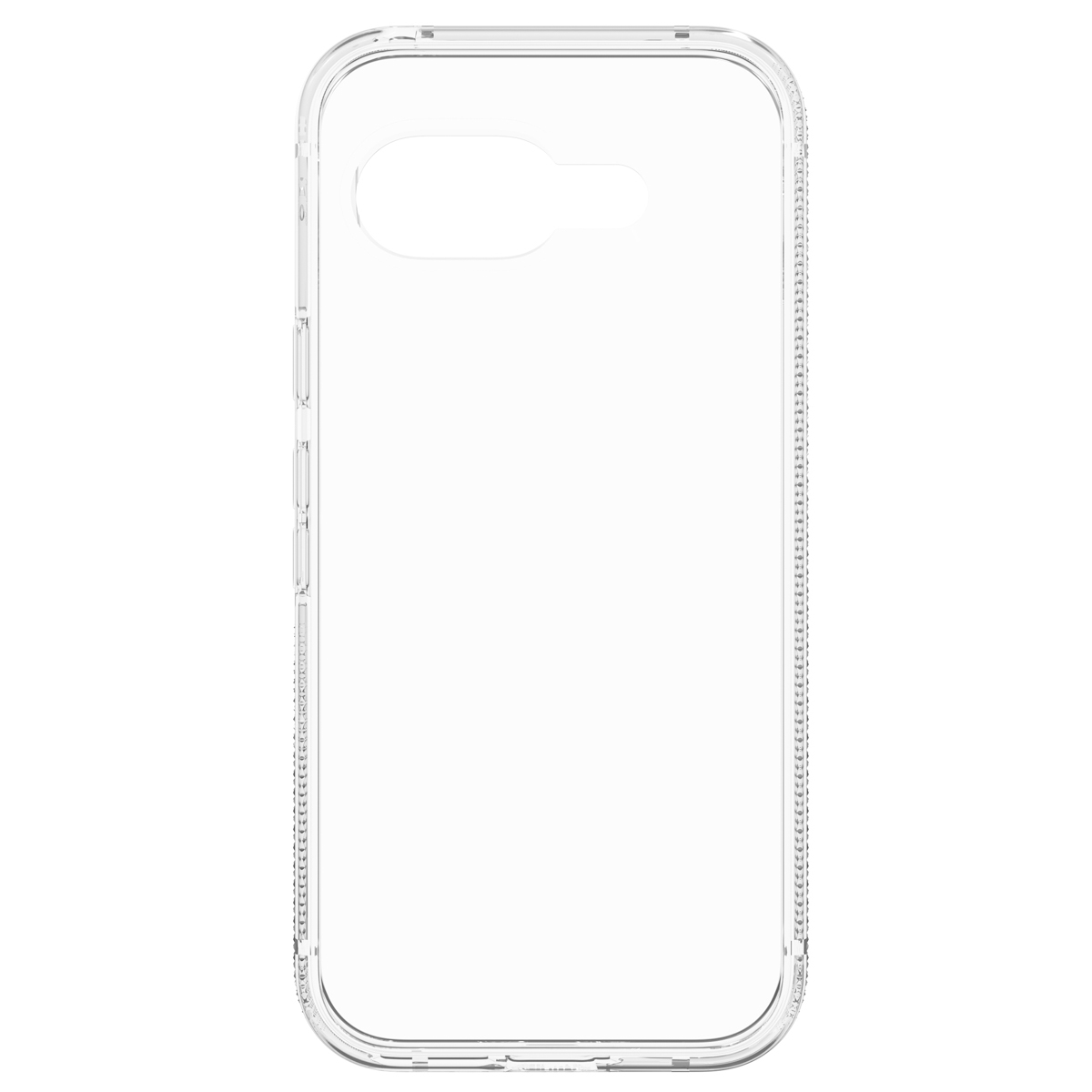 Étui de téléphone transparent avec côtés texturés, boutons visibles à gauche, découpe pour caméra en haut à gauche.