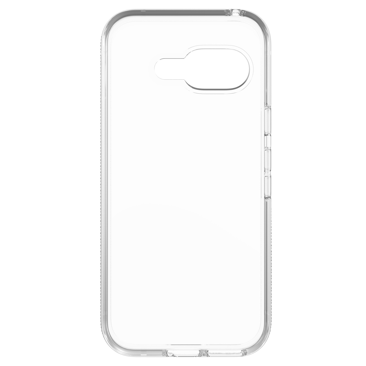 Étui de téléphone transparent avec côtés texturés, boutons visibles à droite, découpe pour caméra en haut à gauche.