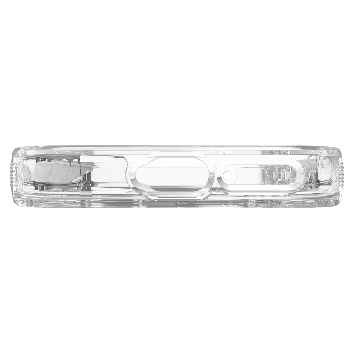 Étui de téléphone transparent montrant le bord inférieur avec des trous de haut-parleur, un port de charge et des ouvertures pour microphone.