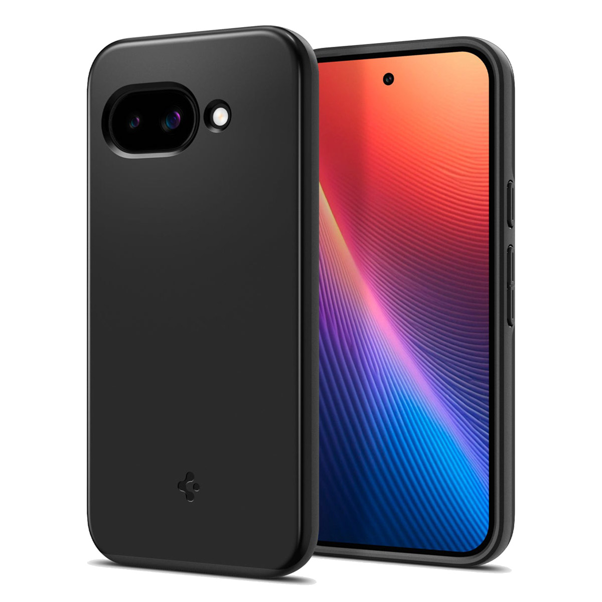 Étui de téléphone noir à côté d'un téléphone affichant un écran coloré. L'étui a des découpes pour la caméra et le flash. Design minimaliste.