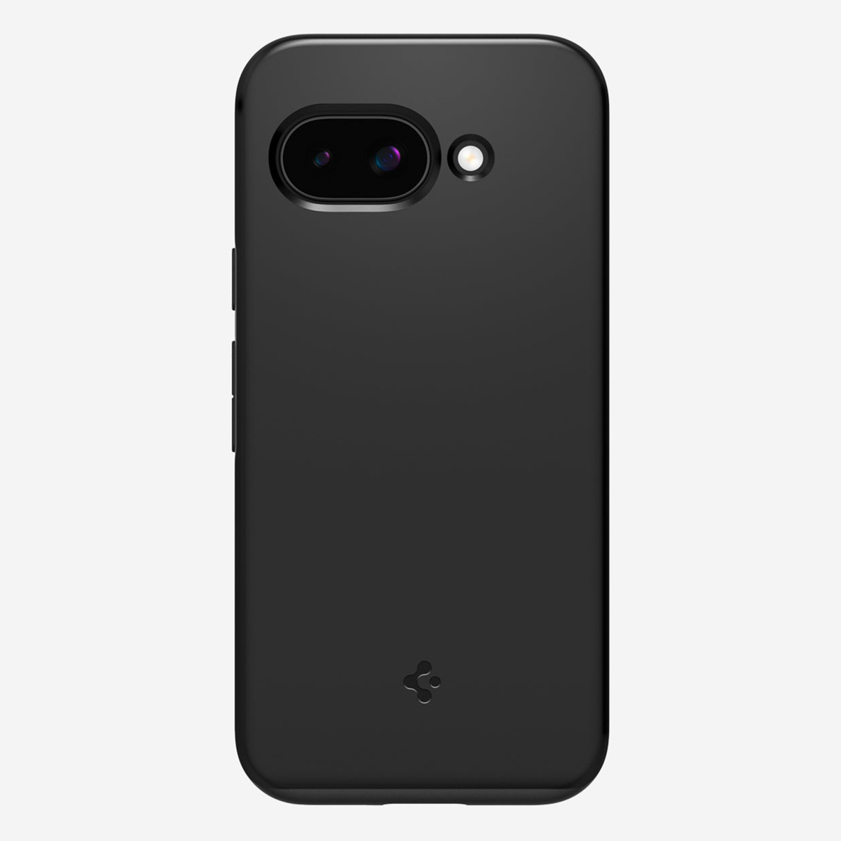 Étui de téléphone noir sur un fond blanc, avec des découpes pour la caméra et un logo simple. Design minimaliste.