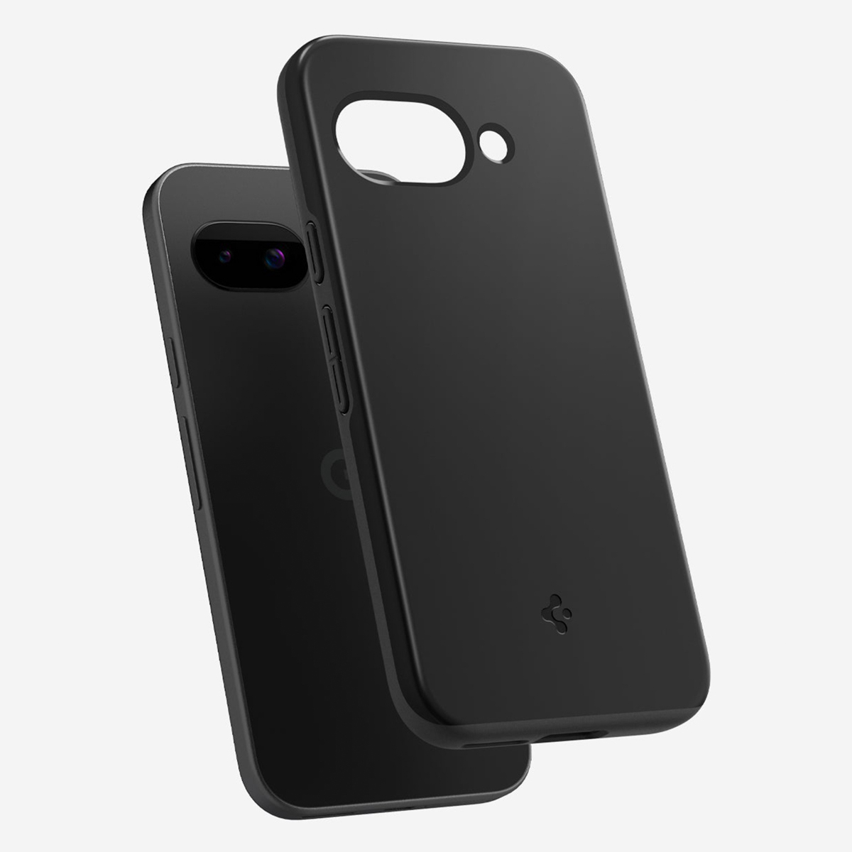 Deux étuis de téléphone noirs. Un sur un téléphone, un flottant au-dessus. Découpe pour la caméra. Design minimaliste.