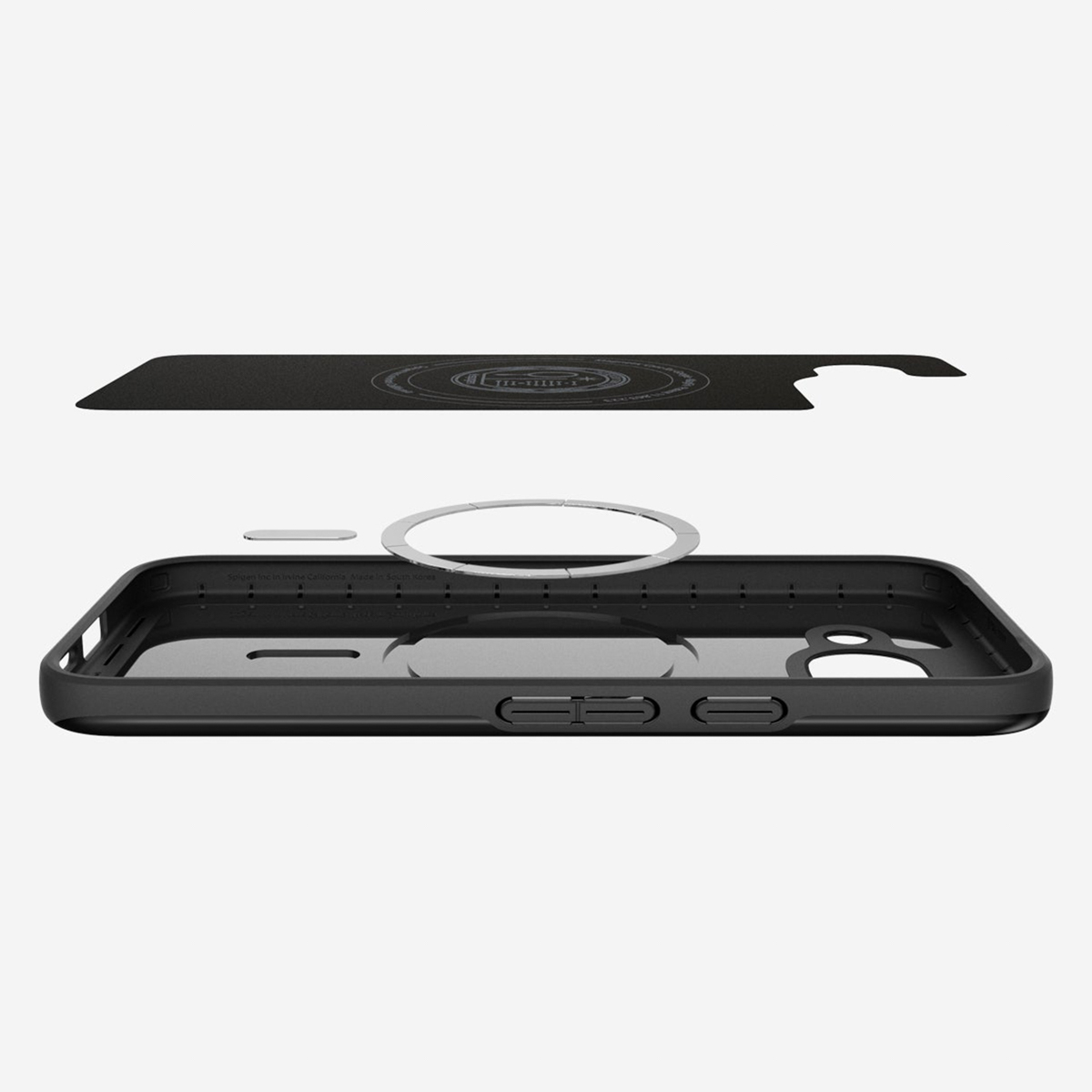 Vue éclatée d'une coque de téléphone noire avec anneau magnétique, montrant ses couches d'assemblage.