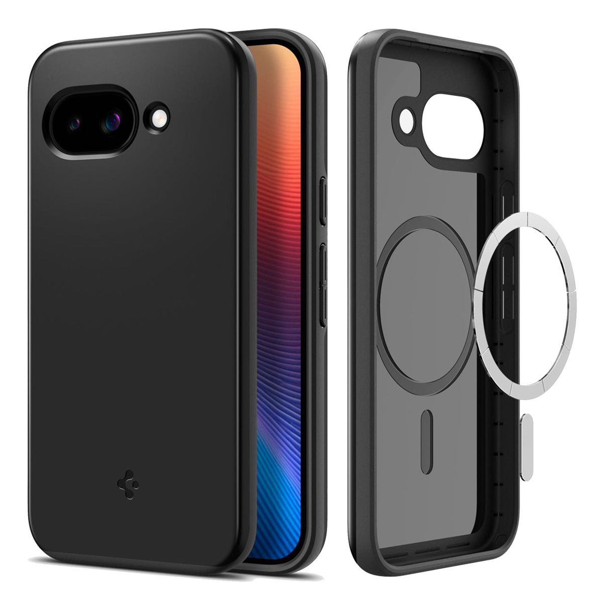 Deux téléphones avec des étuis noirs. L'un a un écran couleur ; l'autre montre la fonction d'anneau magnétique de l'étui.