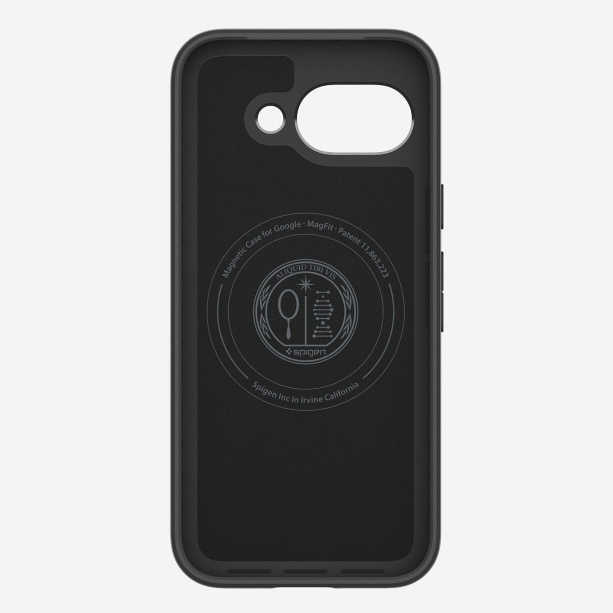 Vue intérieure de la coque noire du téléphone, montrant un anneau magnétique pour Google. Marque Spigen visible.