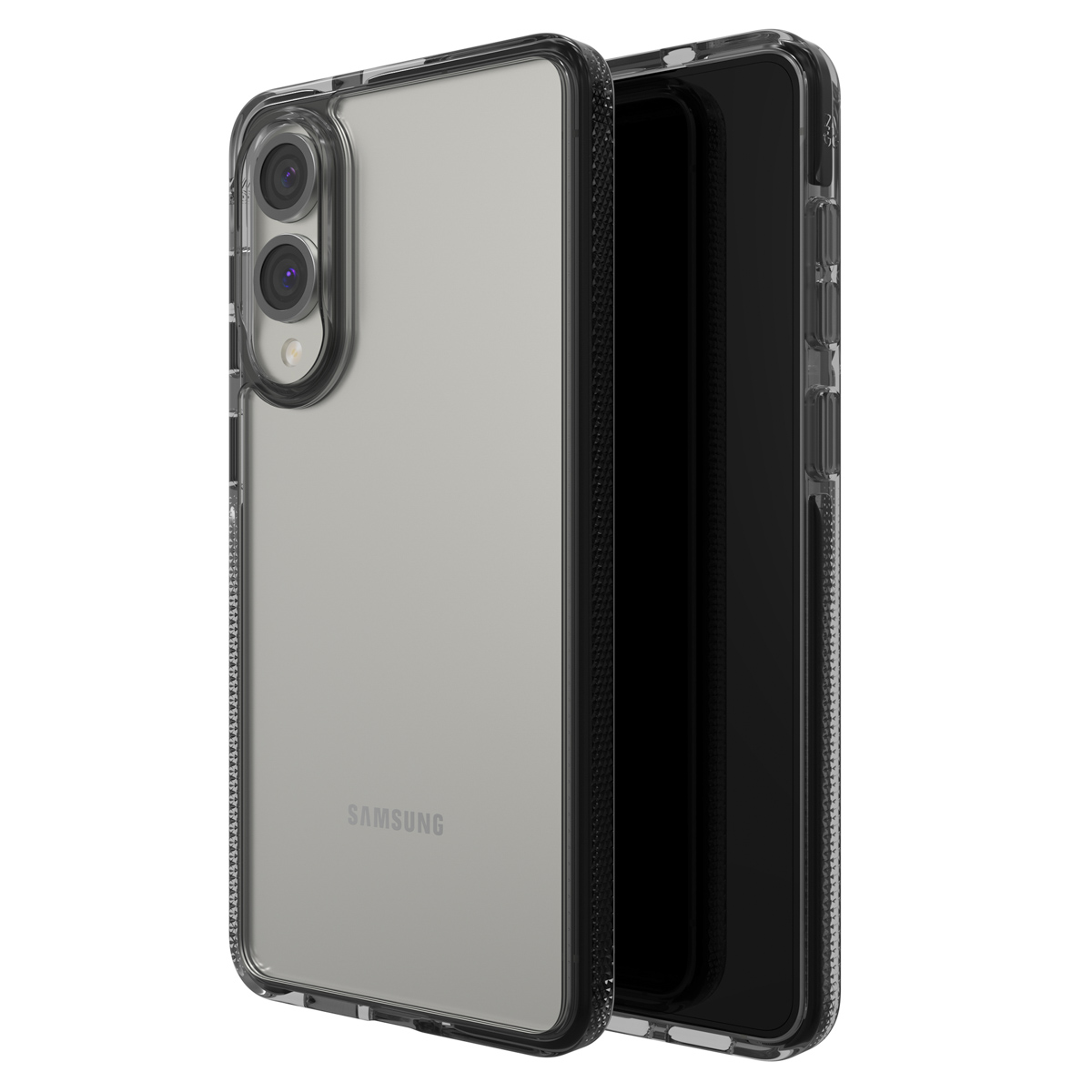 Twee telefoons in transparante hoesjes, die de cameralens en randdetails laten zien. Een toont een leeg scherm.