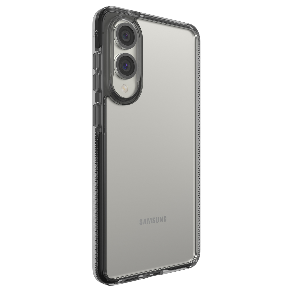 Een telefoon in een transparante hoes toont de cameralens en randdetails op een witte achtergrond.