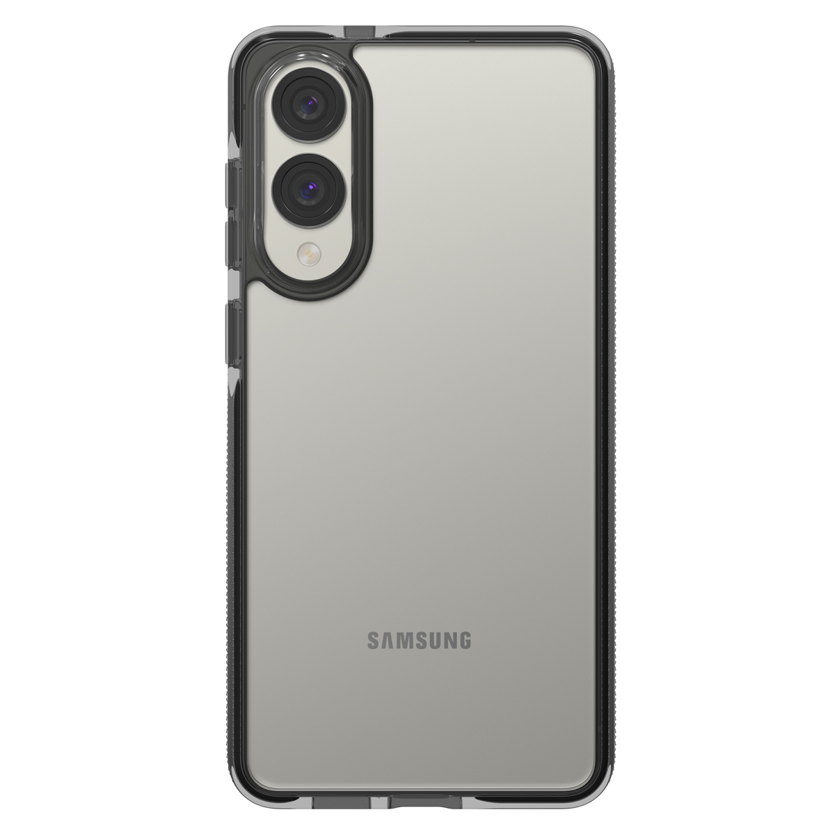 Een telefoon in een transparante hoes toont de cameralens en het merk Samsung op een witte achtergrond.