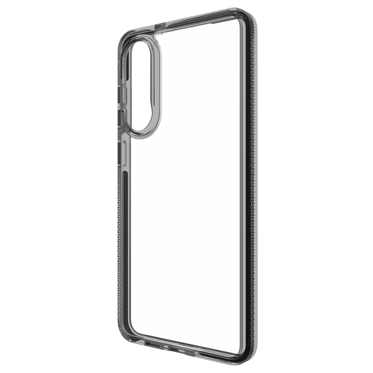 Een telefoonhoes met een helder ontwerp, die slanke randen en een camera-uitsparing laat zien, op een witte achtergrond.