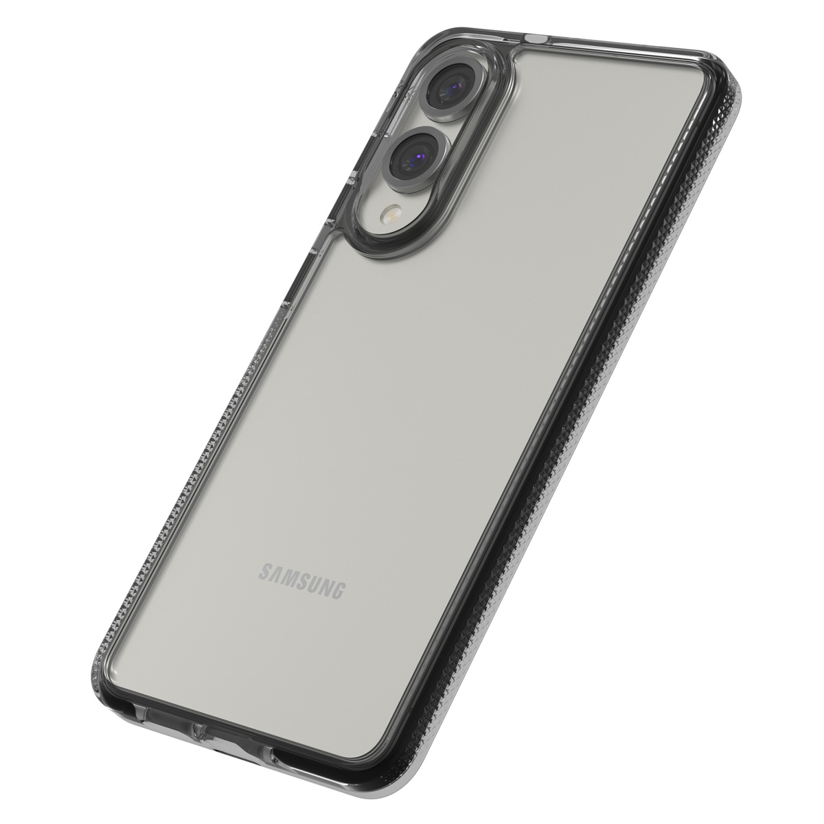 Een Samsung-telefoon in een doorzichtige hoes staat schuin, met de camera en het Samsung-logo op een witte achtergrond.