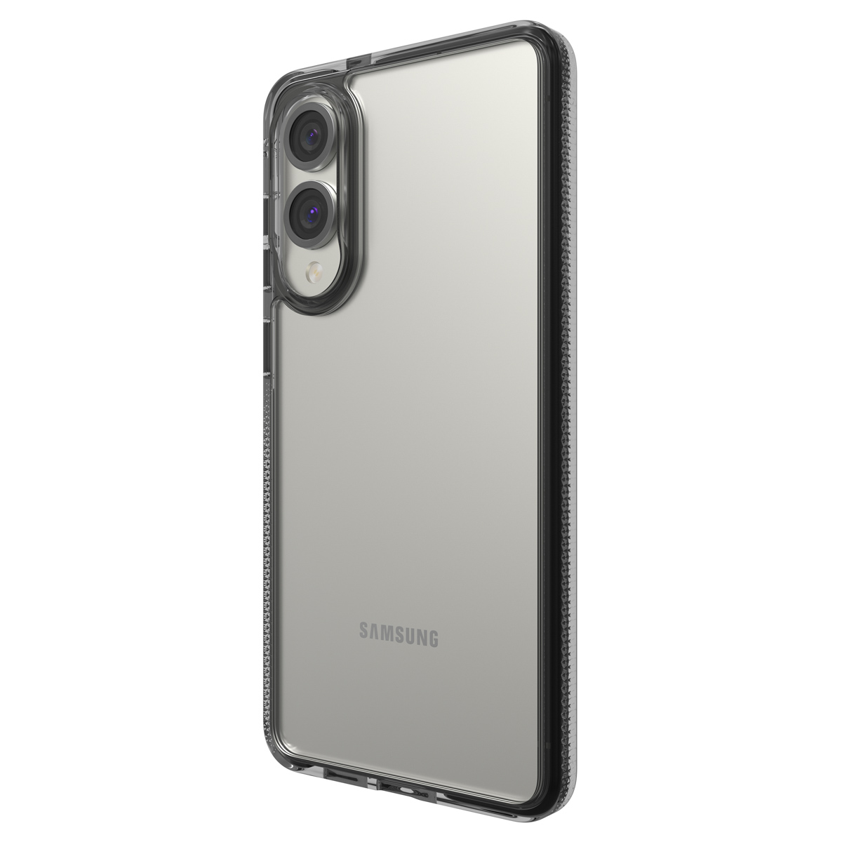 Een Samsung-telefoon in een doorzichtige hoes staat rechtop en toont de camera en het Samsung-logo op een witte achtergrond.
