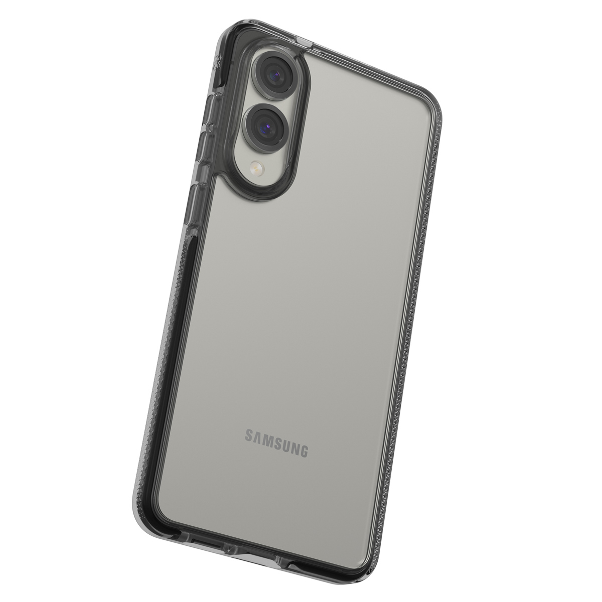 Een Samsung-telefoon in een doorzichtige hoes staat schuin, met de camera en het Samsung-logo op een witte achtergrond.