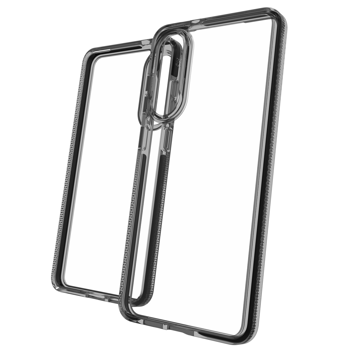 Twee doorzichtige telefoonhoesjes staan schuin en tonen hun camera-uitsparingen en gestructureerde randen tegen een witte achtergrond.