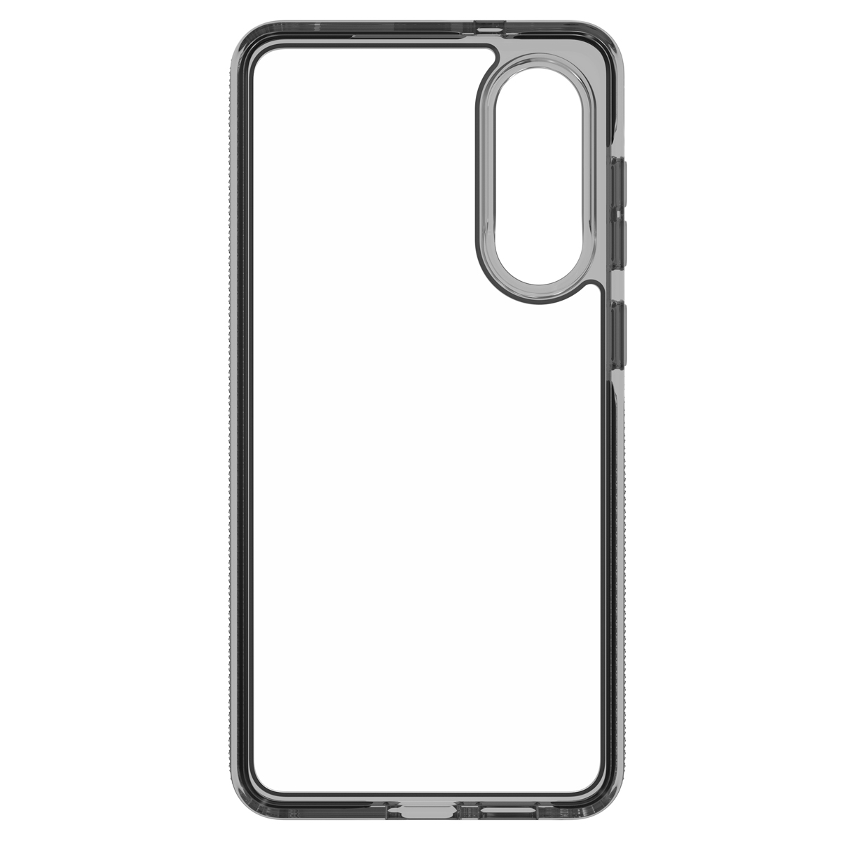 Een doorzichtige telefoonhoes toont zijn camera-uitsparing en gestructureerde randen tegen een witte achtergrond.