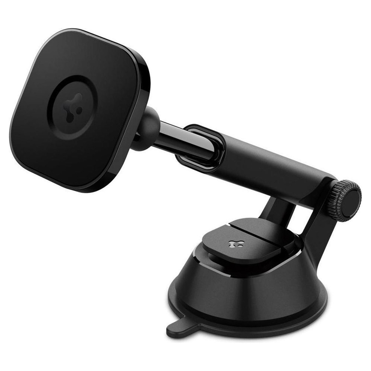 Zwarte autotelefoonhouder met zuignapvoet, met verstelbare arm en houder.