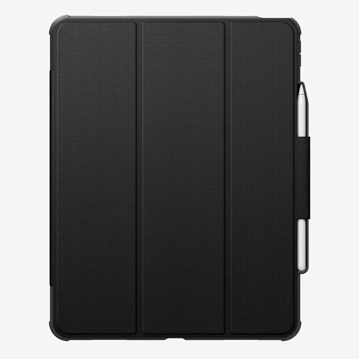 Black tablet case with stylus holder, closed, against a white background.