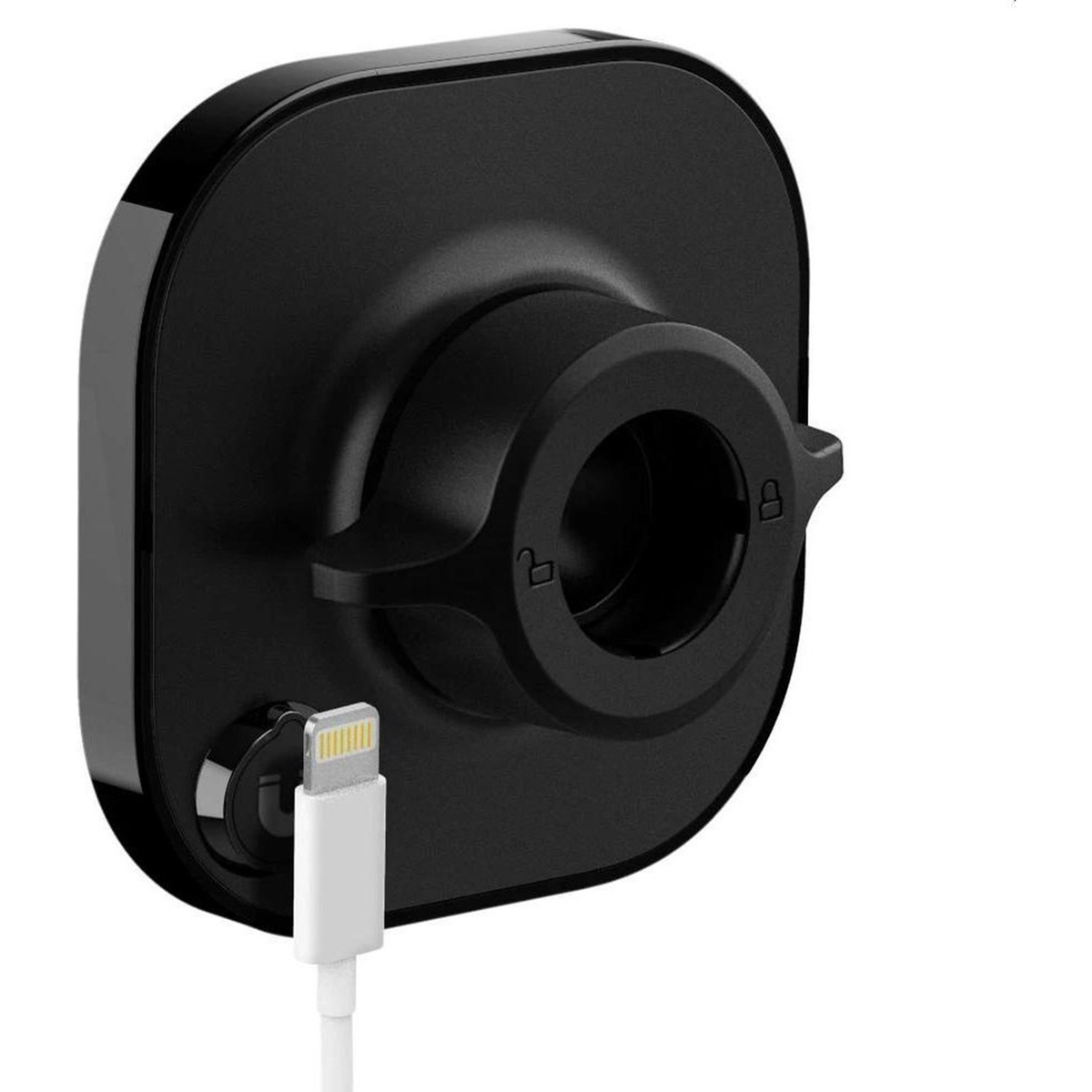 Een zwart telefoonoplaadaccessoire met een witte kabel erop aangesloten, van dichtbij gezien.
