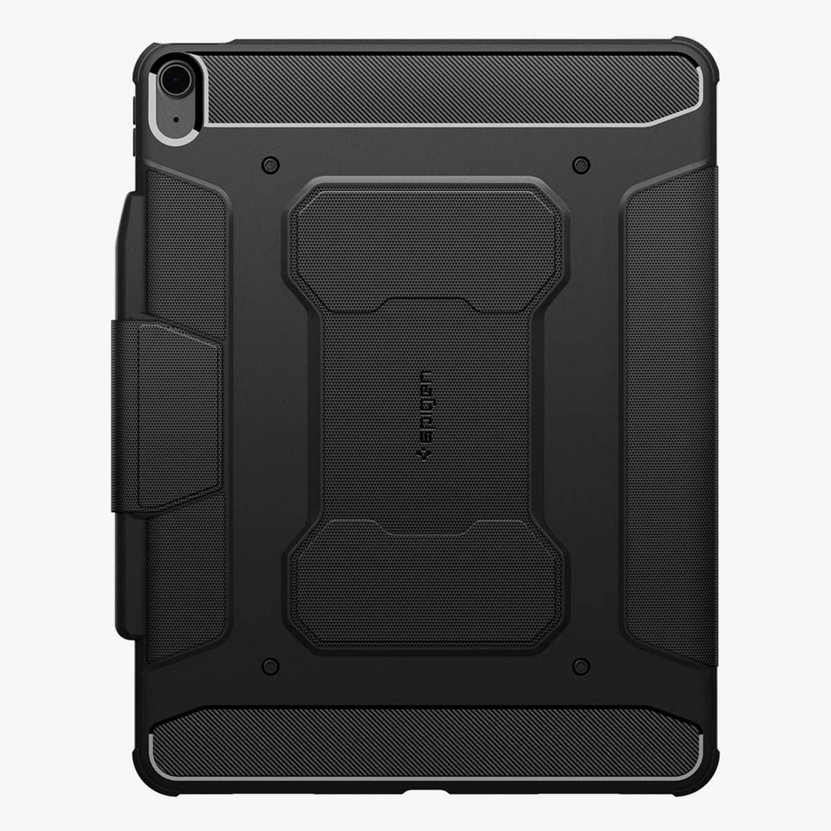A black tablet case with a rugged design, featuring textured panels and visible details.