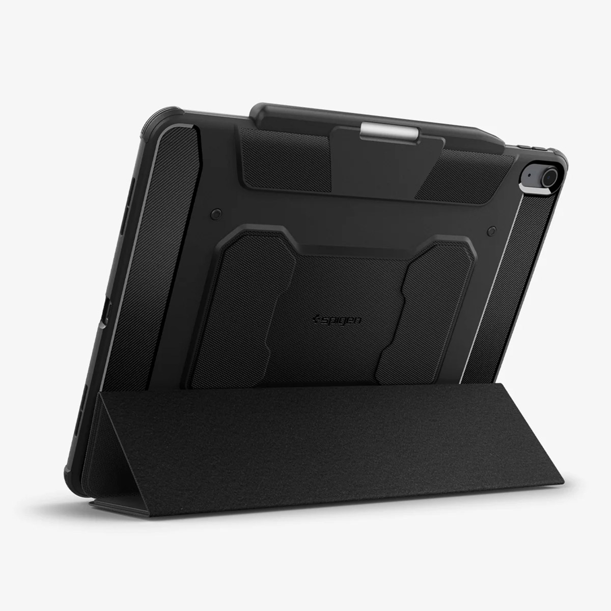 A black tablet case with a stand, angled on a white background.