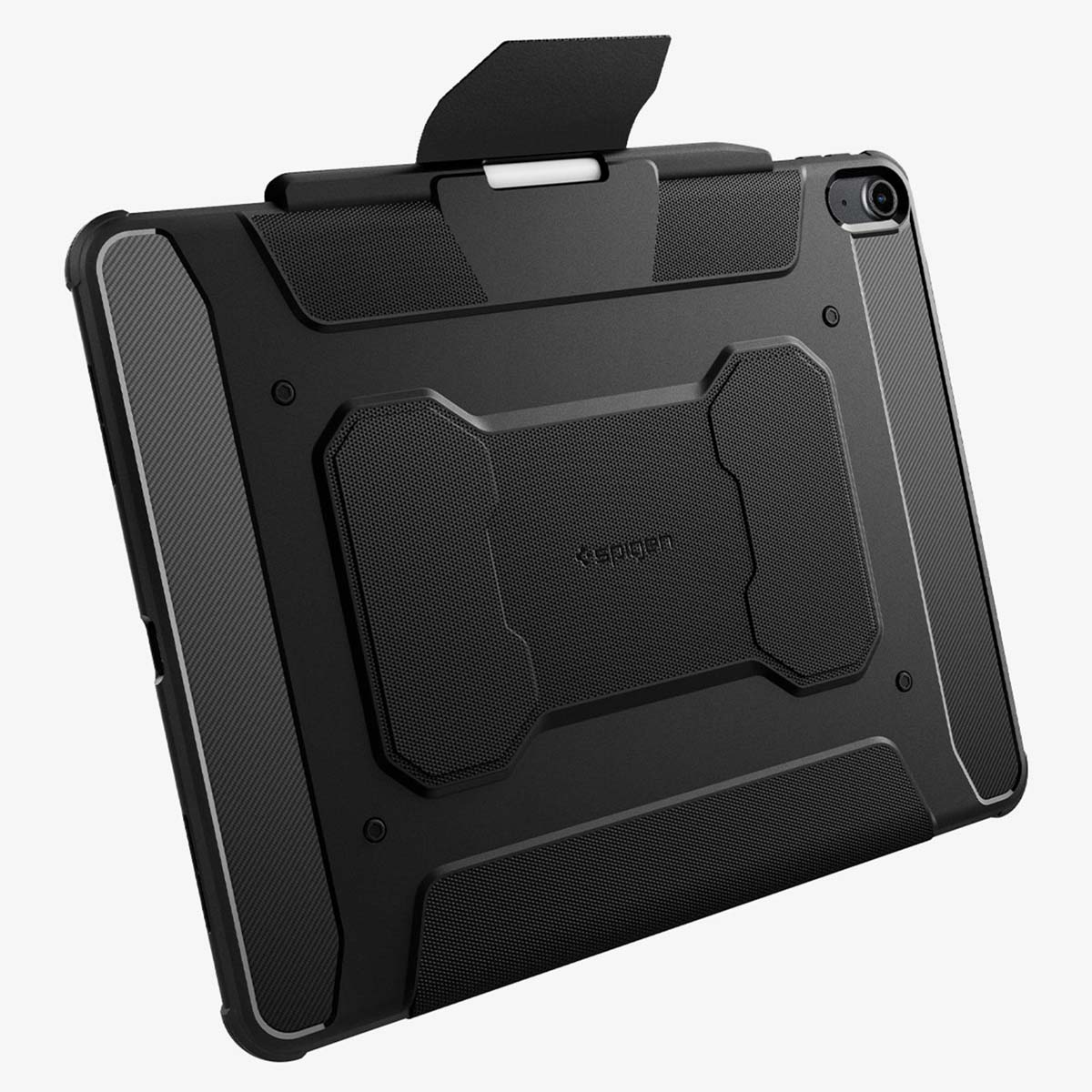 A black tablet case with a pen holder, angled on a white background.